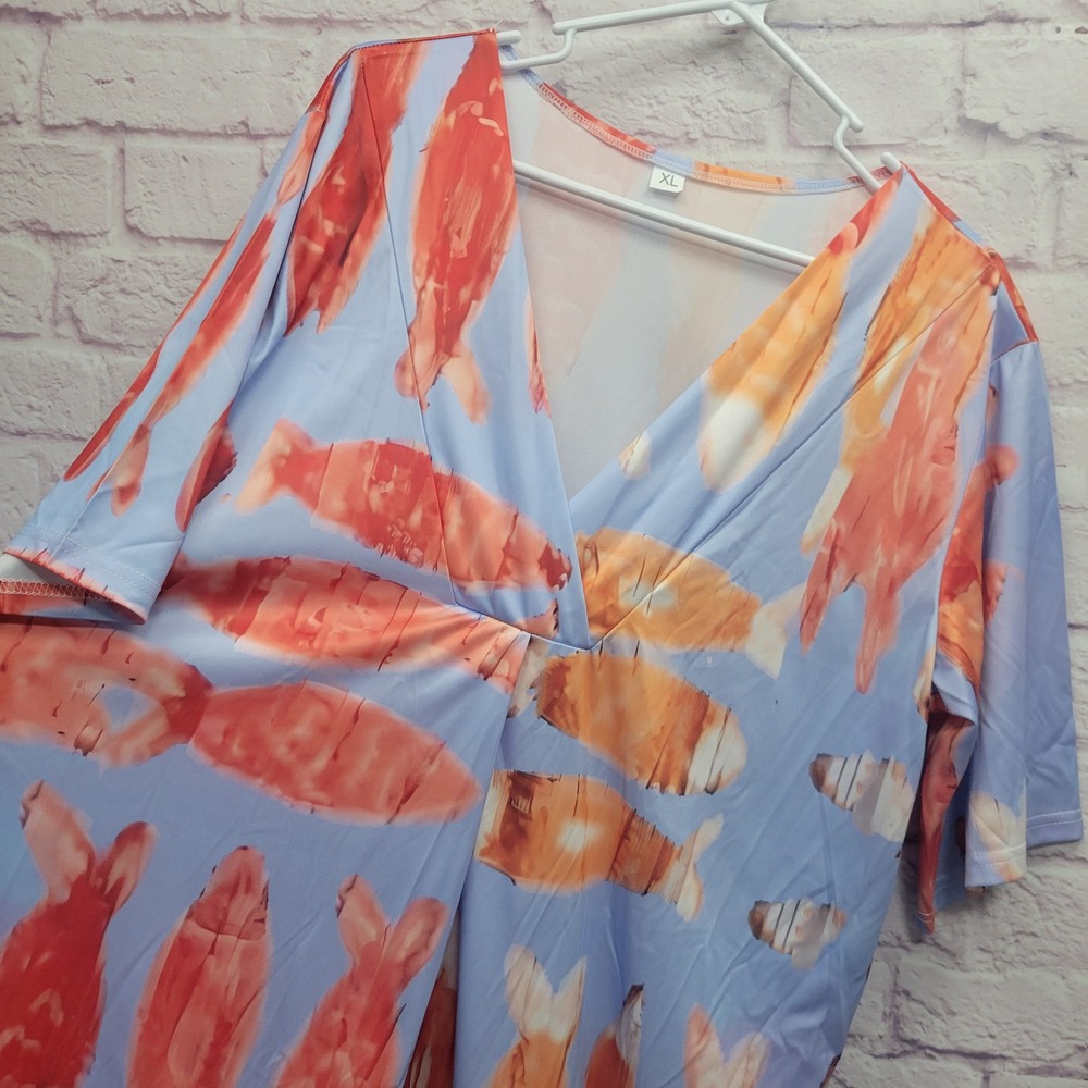 Abstract Koi Fish Maxi Dress Size XL V-Neck Artsy Boho Coastal Beachy Summer - Picture 3 of 8
